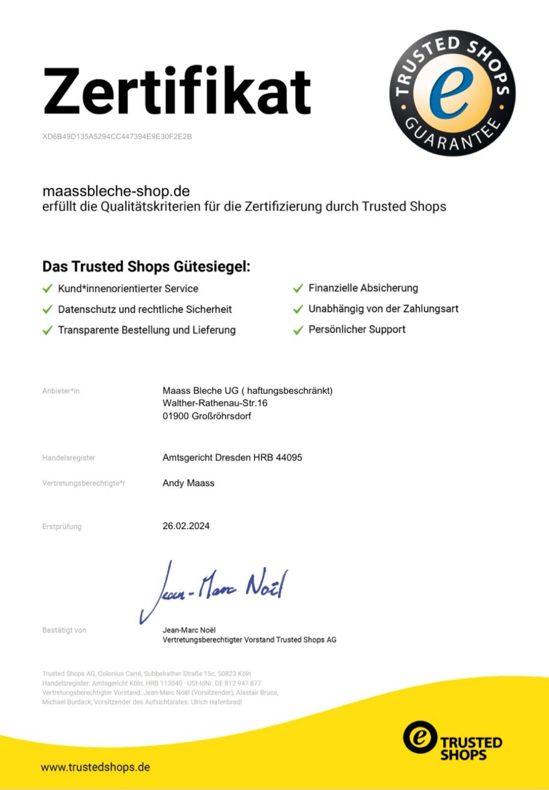 Trusted Shops Zertifikat MAASS Bleche Käuferschutz Bewertung
