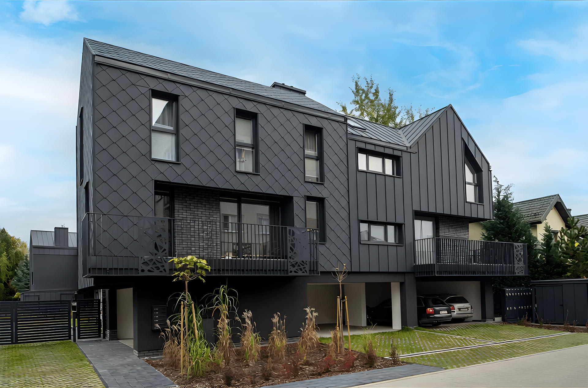 KARO-Dach und KARO-Fassade an modernem Wohnhaus in Rautenoptik