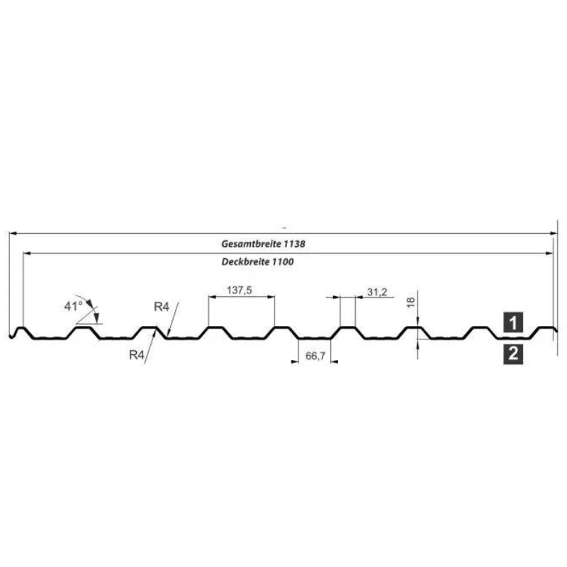 Trapezblech TP18 – 0,50 mm Stahl im Querschnitt für Dach und Wand